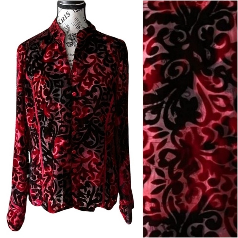 Point Zero Black & Red Burnout Velvet Vamp Mesh Blouse – Size Medium